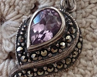 Sterling Silver Marcasite and Amethyst Pendant and sterling silver Chain Signed TH