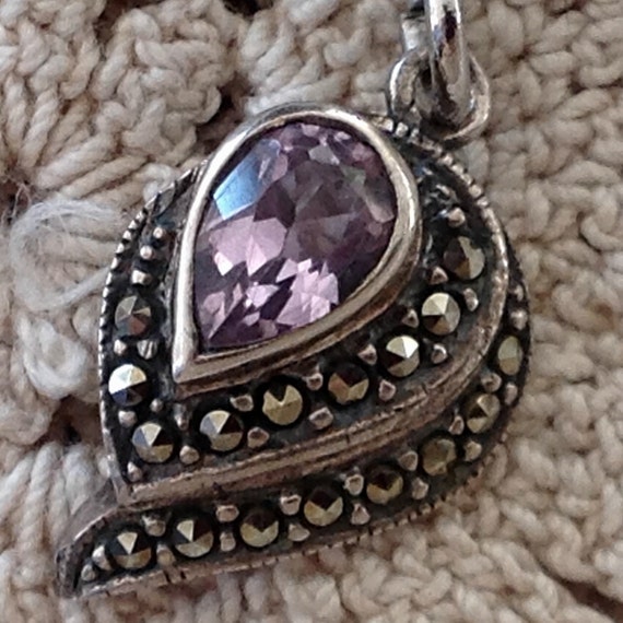 Sterling Silver Marcasite and Amethyst Pendant an… - image 1