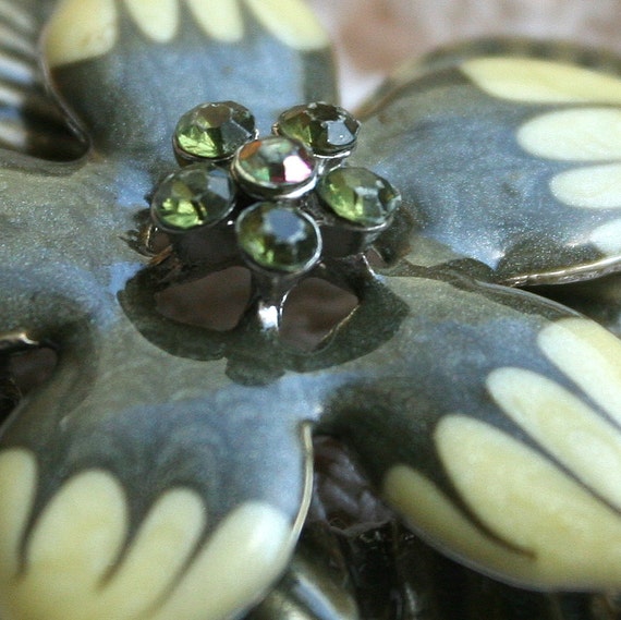 Vintage Olive Green and Yellow Enamel and Rhinest… - image 2