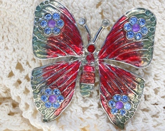 Vintage Rhinestone and Enamel Butterfly Brooch Red Butterfly