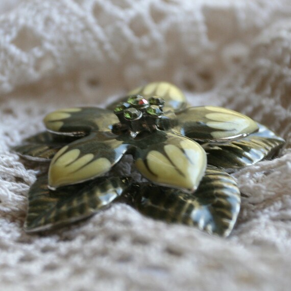 Vintage Olive Green and Yellow Enamel and Rhinest… - image 4