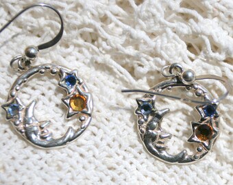 Palm Beach Sterling Silver Crystal Moon and Stars Dangle Earrings Blue Amber Crystals