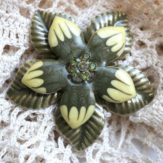 Vintage Olive Green and Yellow Enamel and Rhinest… - image 1