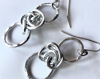 Hand hammered and wire wrapped silver coated aluminum wire earrings - flower Rosette sterling ear wire