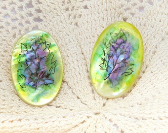 Vintage Mother of Pearl Button Earrings - Hand Painted with Pen and Ink Detail - Sterling Silver Posts