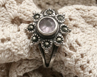 Vintage Sterling Silver Marcasite and Pale Lavender Chalcedony Ring - Size 6.25