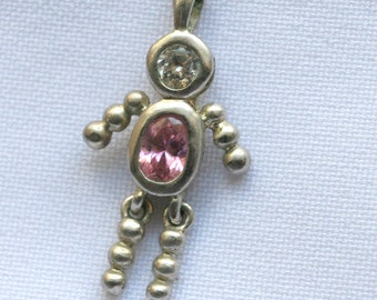 Vintage Sterling Silver and Pink and Clear Rhinestone Puppet Charm Pendant