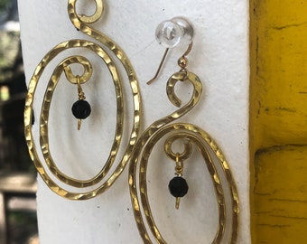 Lightweight Earrings Free Form Gold Wire Wrapped - non tarnish aluminum G/F ear wires -  jet black bead