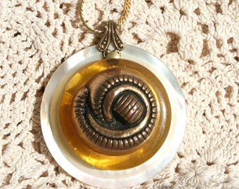 Vintage Apple Juice Bakelite Button and vintage Gold Composite Button Vintage Mother of Pearl Pendant monet chain