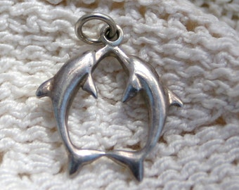 Vintage Sterling Silver Dolphin Charm Pendant for your Bracelet or Necklace 2 Dolphins in a Circle