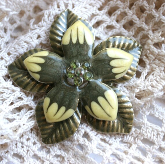 Vintage Olive Green and Yellow Enamel and Rhinest… - image 3