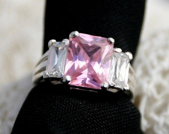 Charles Winston Sterling Silver Pink Ring Size 6 clear Princess Cut faceted cubic Zirconia stones