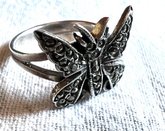 Vintage Sterling butterfly ring marcasite ring size 8