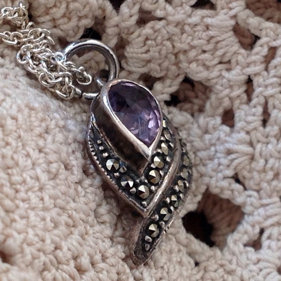 Sterling Silver Marcasite and Amethyst Pendant an… - image 3
