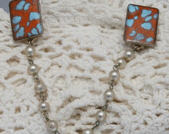 Vintage Sweater Clip - copper colored enamel and faux pearl chain