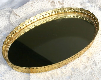 Vintage Stylebuilt Ormolu Gold Ormolu Filigree Mirror Dresser Tray Basket Weave  - Vanity