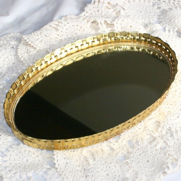 Vintage Stylebuilt Ormolu Gold Ormolu Filigree Mirror Dresser Tray Basket Weave  - Vanity