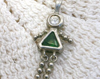 Vintage Sterling Silver and Green and Clear Rhinestone Girl Female Puppet Charm Pendant