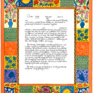 Può includere: Un'opera d'arte colorata e incorniciata con testo scritto a mano. Il bordo presenta motivi floreali e geometrici in blu, arancione e verde. Il testo centrale è in elegante scrittura, con le parole "On the day of" e "Set me for a seal upon your heart".
