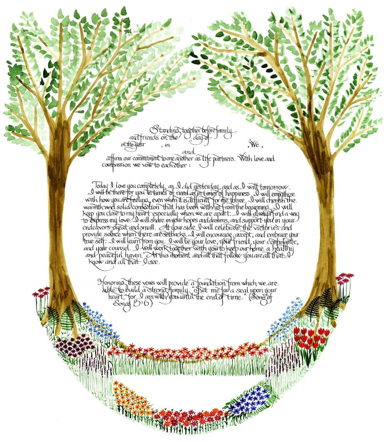 Ketubah with reaching trees in a garden setting by Ketubah Maven