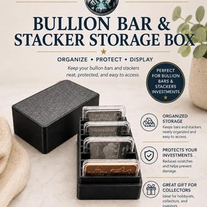 May include: Black bullion bar and stacker storage box with the text "BULLION BAR & STACKER STORAGE BOX". The box is designed to organize, protect, and display bullion bars and stackers. The image also shows silver and copper bars.