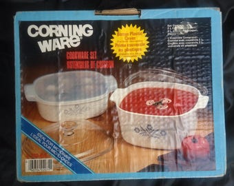 Unused Original Box Vintage CorningWare Cornflower Blue Cookware Set | 2L 3L Saucepans, Bonus Cover
