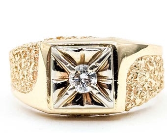 14k Yellow Gold Nugget Ring, Diamond Fashion Ring, Size 10