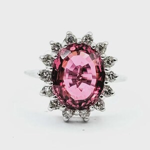 Majestic Pink Tourmaline & Diamond Halo Ring in 14k White Gold – 4.40ct Tourmaline, 0.38ctw Diamonds, October and April Birthstones