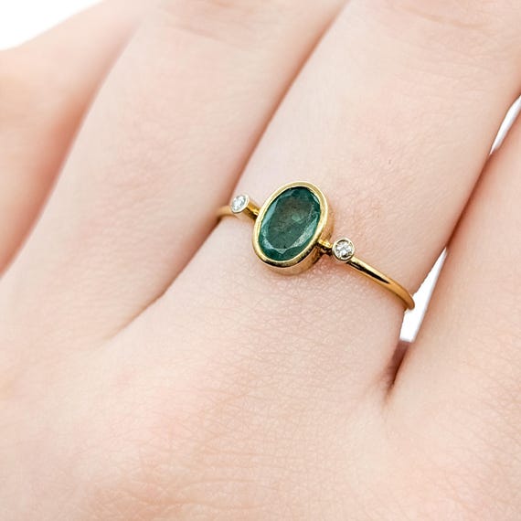 18k Yellow Gold Emerald & Diamond Three-Stone Ring - image 5