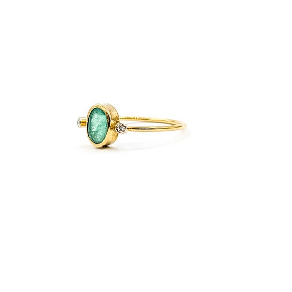 18k Yellow Gold Emerald & Diamond Three-Stone Ring - image 3