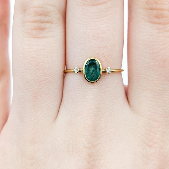 18k Yellow Gold Emerald & Diamond Three-Stone Ring - image 6