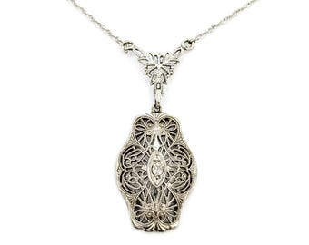 Art Deco Filigree Diamond Necklace in 14k