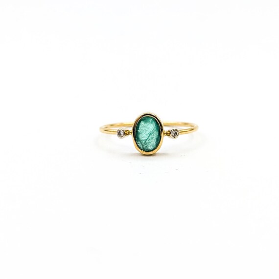 18k Yellow Gold Emerald & Diamond Three-Stone Ring - image 1