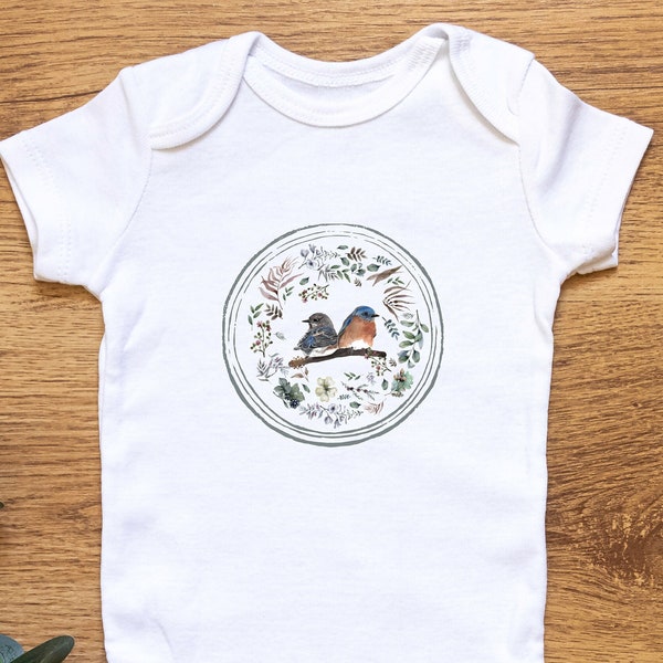 Bluebirds and Flowers Short Onesie, Bluebird Nature, Bird Lover, Bluebird Shirt, Bird Watcher Adorable Infant Fine Jersey Bodysuit