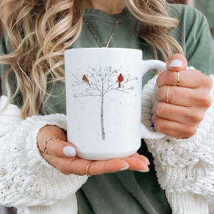 Cardinal Mug Unique Bird Lover Gift Birch Tree Coffee Cup for Nature Lovers 15oz Cardinal Bird Large Mugs White Christmas Winter Bird Scene