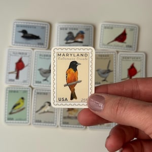 May include: A collection of rectangular stamps featuring various birds. The central stamp, held by a hand, showcases a Maryland Baltimore Oriole. Other stamps depict birds like cardinals and bluebirds, with state names and values.