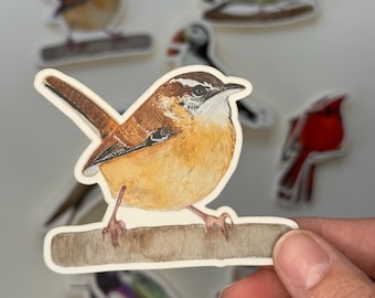 May include: A collection of bird stickers featuring watercolor illustrations. The stickers depict various birds, including a brown and tan wren perched on a branch, a yellow and green finch, and a red cardinal. The stickers are on a white background.