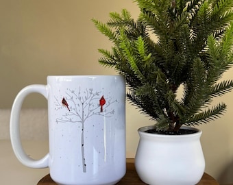 Cardinal Mug Unique Bird Lover Gift Birch Tree Coffee Cup for Nature Lovers 15oz Cardinal Bird Large Mugs White Christmas Winter Bird Scene