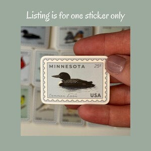 May include: A sticker resembling a vintage postage stamp, featuring a black and white illustration of a Common Loon on water, with the text "MINNESOTA" and "USA". The sticker is held by a hand.