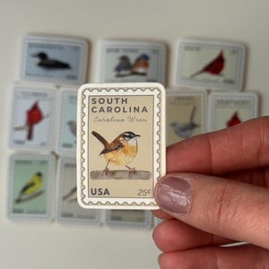 May include: A collection of decorative stamps featuring various bird illustrations. The central stamp showcases a Carolina Wren, with the text "SOUTH CAROLINA" and "USA 25¢". Other stamps depict different birds, with a white background.