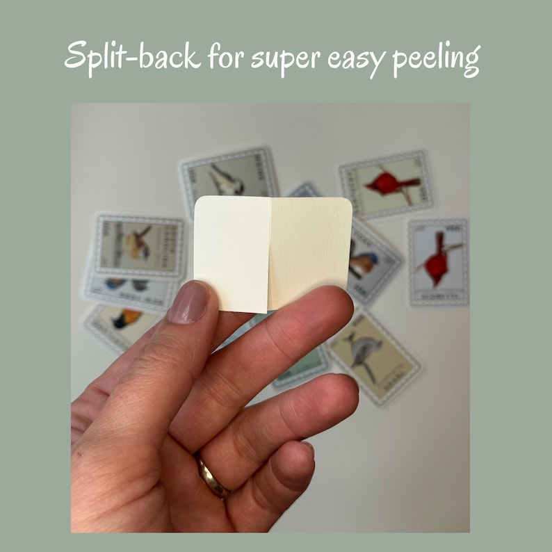 May include: A hand holds a small, split-back sticker with a light cream color. The background features several bird-themed postage stamp stickers. The text "Split-back for super easy peeling" is at the top.