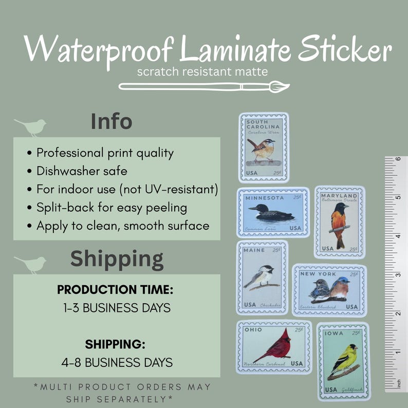 May include: Waterproof laminate stickers featuring vintage-style postage stamp designs of various birds. The stickers are scratch-resistant and matte, with the text "Waterproof Laminate Sticker" at the top. Each stamp includes the state name and "USA".