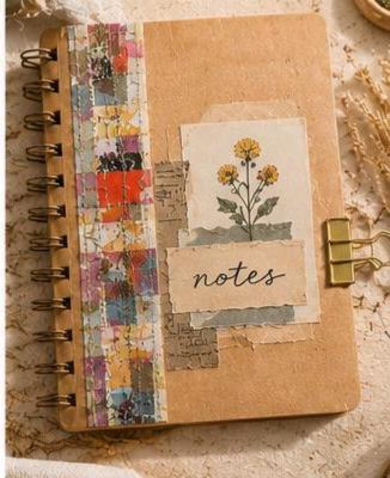 May include: A spiral-bound notebook with a tan cover featuring a vertical strip of colourful patterned paper, a rectangular collage element with a yellow flower illustration, and a torn paper label with the word notes written in black script.