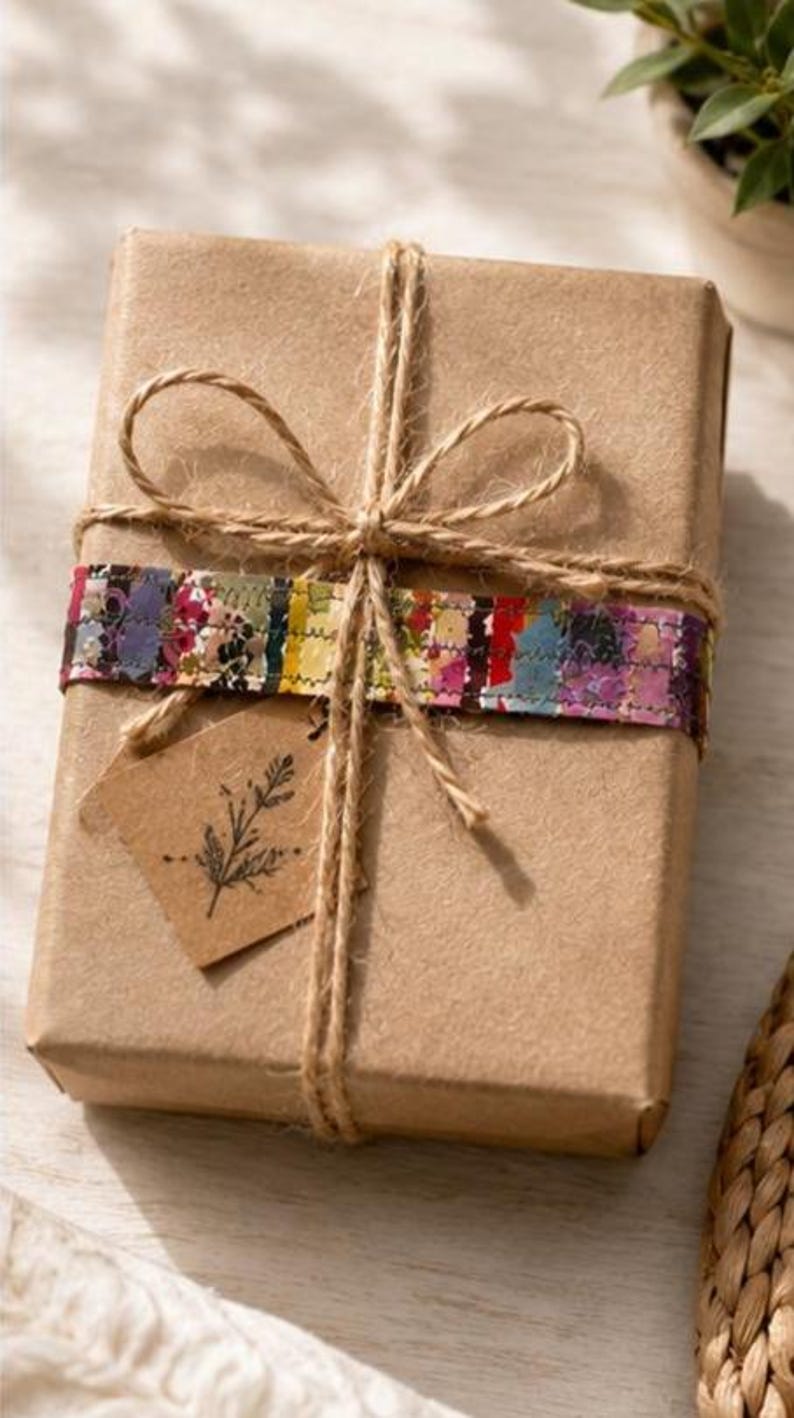 May include: A rectangular gift box wrapped in plain brown paper, secured with natural jute twine tied in a bow. A horizontal strip of multicoloured floral fabric is wrapped around the centre, and a small brown paper tag with a black leaf illustration.