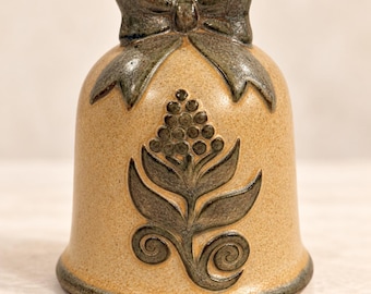 Vintage Japanese Stoneware Bell, Floral Design, Bow Handle, Brown Tan Glaze, Cottagecore Decor, 3-Inch