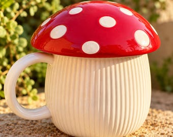 World Market Mushroom Mug with Lid, Red Polka Dot Toadstool Cup, Ribbed Ceramic Coffee Mug, Cottagecore Gift