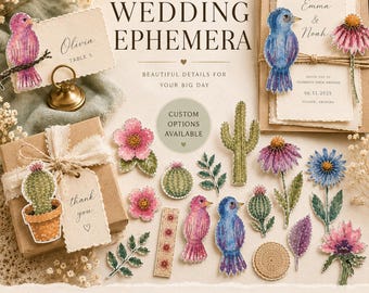 May include: A selection of handmade watercolour wedding ephemera, including floral and bird-shaped embellishments, invitation cards, and gift tags. The text includes "Wedding Ephemera", "Olivia", "Emma & Noah", and "Thank You". The colour palette features pink, blue, and green.