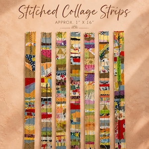May include: Seven vertical stitched collage strips featuring various colourful fabric scraps in red, yellow, blue, green, and pink patterns. Each strip measures approximately 2.54 cm by 40.64 cm, with visible black zigzag and straight stitching lines.