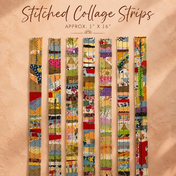 Handmade Stitched Collage Strips | Junk Journal Embellishments | Mixed Media Paper Craft Supplies