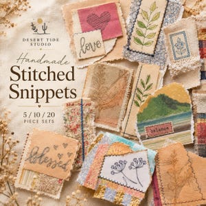 May include: Handmade stitched snippets in various sizes. The image displays a collection of fabric pieces with stamped designs, including botanical illustrations, hearts, and the words "love," "blessed," and "balance." The pieces are in neutral tones with decorative stitching.